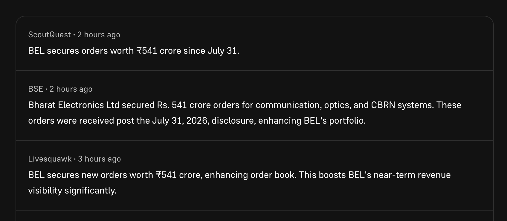 Broker-app news alerts announcing that Bharat Electronics has secured new orders worth 541 crore rupees